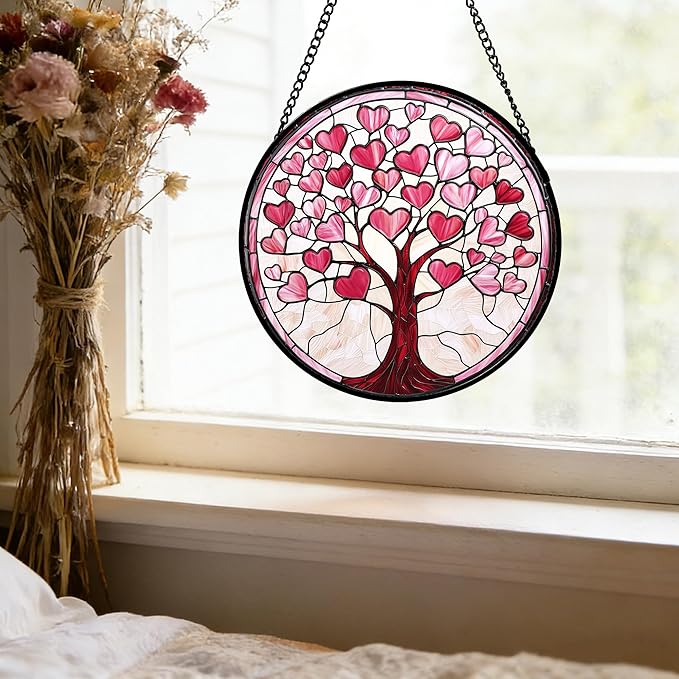 DASTOLL Stained Glass Window Hanging, Valentine's Day Gifts Pink Love Heart Tree Suncatcher Hangings Beige Sun Catchers Decor for Birthday for Women, Men, Wife, Aunt, Mom 6.3 in