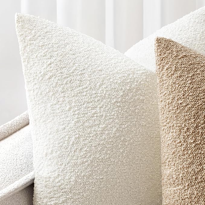 Woaboy Pack of 2 22x22 Inch Decorative Boucle Throw Pillow Covers Textured Pillows Accent Euro Solid Cozy Soft Cushion Covers Christmas Home Decor for Bed Sofa Couch Living Room,White