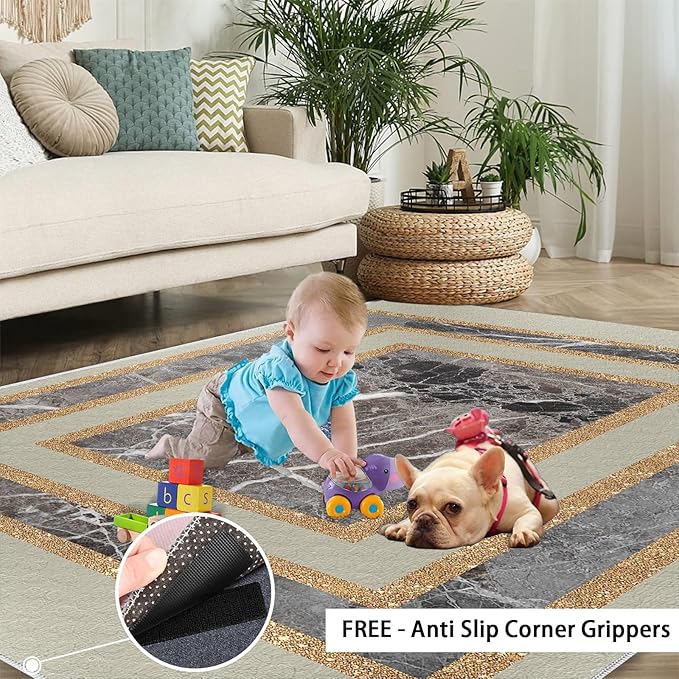 Light Luxury Marble Area Rugs Gilded Stripe Geometry Area Carpet Abstract Marble Texture Rug Stone Crack Carpet for Living Room Study Bedroom 3x5ft