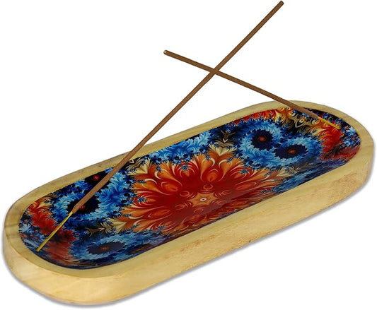 Bless-International Traditional-Handmade-Tray-Burner Wooden-Trat-Incense-Stick-Holder Ash-Catcher-Stand for-Aromatherapy-Meditation-Yoga (Abstract Flowers, 11x4x1.22 Inches)