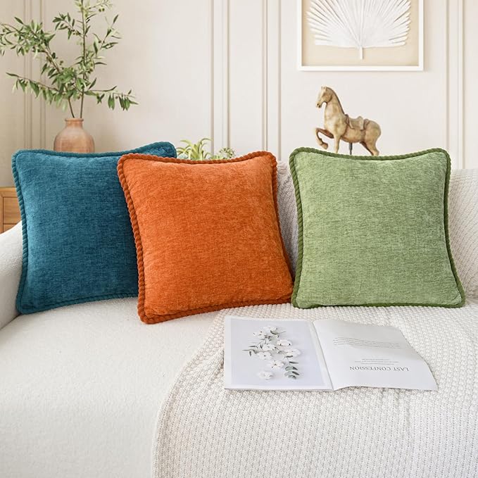 CaliTime Fall Decorative Couch Throw Pillow Covers 16 X 16 Inches Pack of 2 Cozy Chenille Piping Edge Cushion Cases for Sofa Bed Living Room Home Burnt Orange