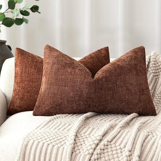 Foindtower Pack of 2 Textured Chenille Throw Decorative Pillow Covers Square Accent Solid Cushion Cover Neutral Farmhouse Lumbar Pillow Case for Couch Sofa Bedroom Living Room 12x24 Inch,Red Taupe
