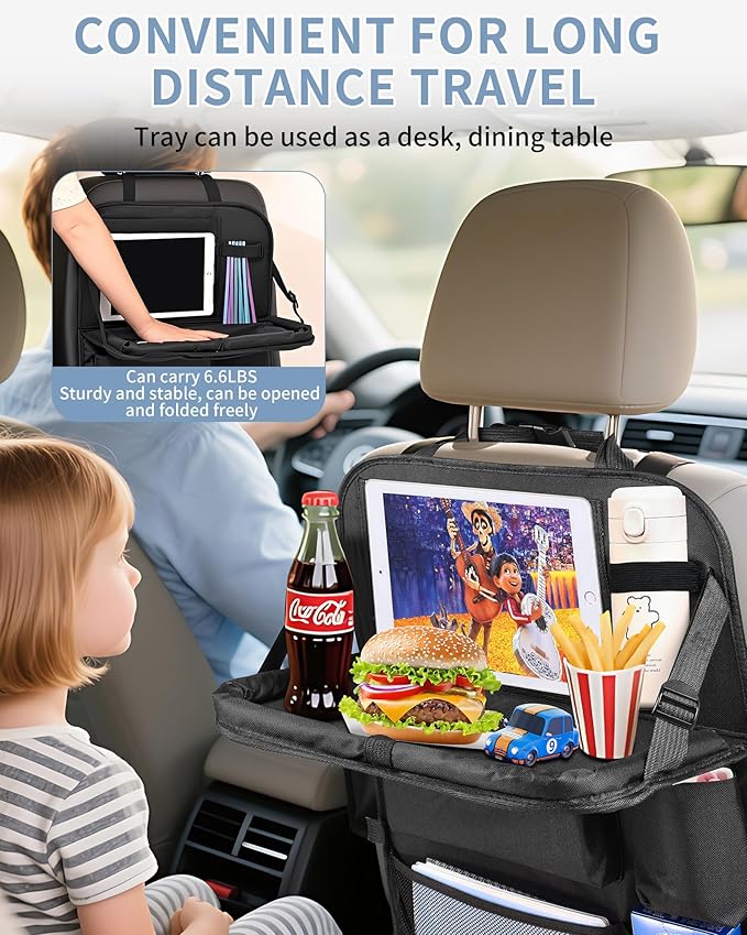 Backseat Car Organizer with Touch Screen Tablet Holder, Storage Pockets, Foldable Food Tray, Kick Mats Back Seat Protector, Travel Accessories for Kids and Adults (Upgraded Rear Organizer-2pcs)