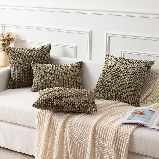 Kevin Textile Pack of 2 Corduroy Decorative Throw Pillow Covers 18x18 Inch Soft Boho Striped Pillow Covers Modern Farmhouse Home Decor for Sofa Living Room Couch Bed Olive Green