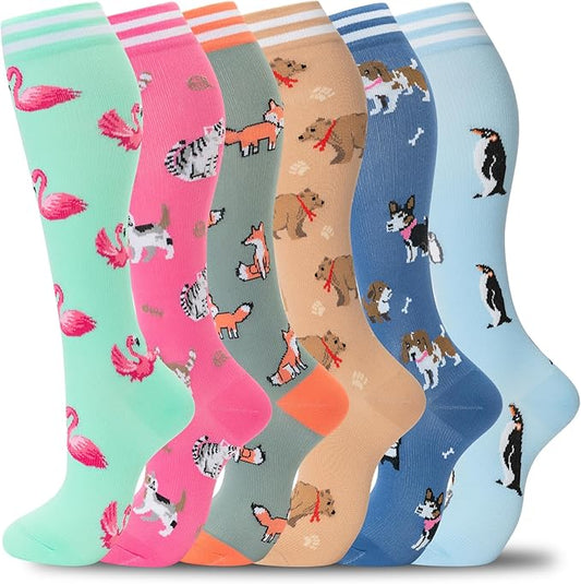 fenglaoda Compression Socks Women Men 6 Pairs, Knee High Best Support Circulation Socks for Running, Travel, Flight, Nurse