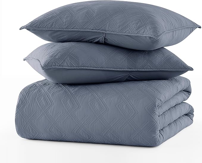 WDCOZY 100% Cotton King Size Quilt Set - Dusty Blue Pre-Washed Soft Lightweight Modern Bedspread, Farmhouse Country Rustic Coverlet, Textured Like Linen, Shabby Chic Gauze Bedding, 3 Pieces