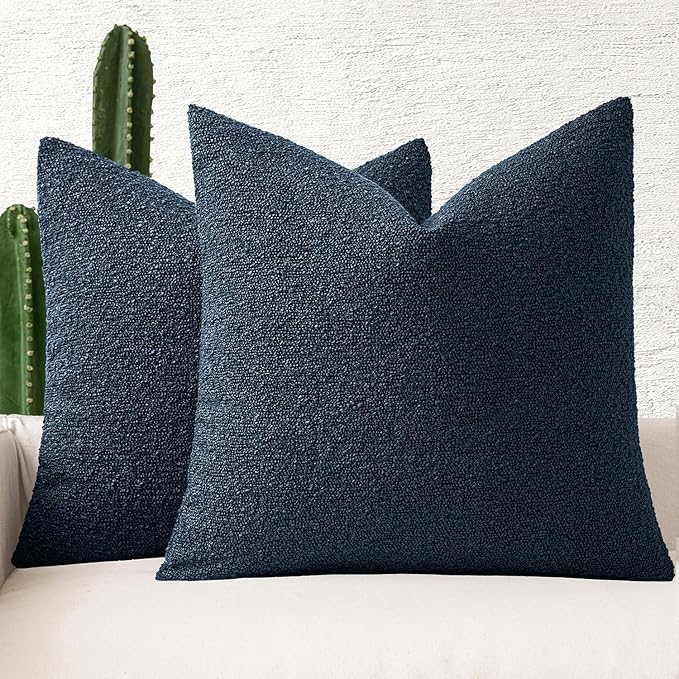 MIULEE 24x24 Decorative Euro Sham Throw Pillows for Bed Set of 2 Textured Boucle Neutral Winter Throw Pillow Covers Navy Blue Accent Solid Couch Pillowcases Sofa Livingroom Home Decor
