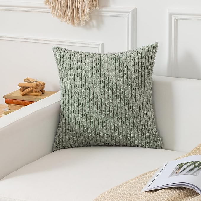 Kevin Textile Throw Pillow Covers Soft Corduroy Decorative Set of 2 Boho Striped Pillow Covers Pillowcases Farmhouse Home Decor for Couch Bed Sofa Living Room 22x22 Inch Greyish Green