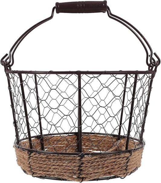 Housoutil Iron Wire Storage Basket with Handle Vintage Small round Metal Organizer Basket for Fruit Vegetable and Desktop Sundries for Home Storage and Decoration