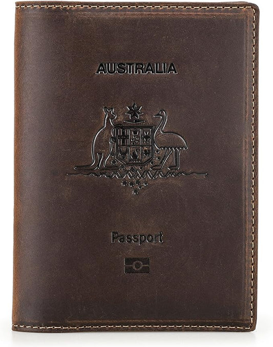 Top Grain Leather Single Travel Passport Wallet Embossing Badge for Unisex, Folio Design for Passport & Multi Cards, RFID Blocking for Passport/Cards/Checks/Bills/AirTag, Coffee Default, AU