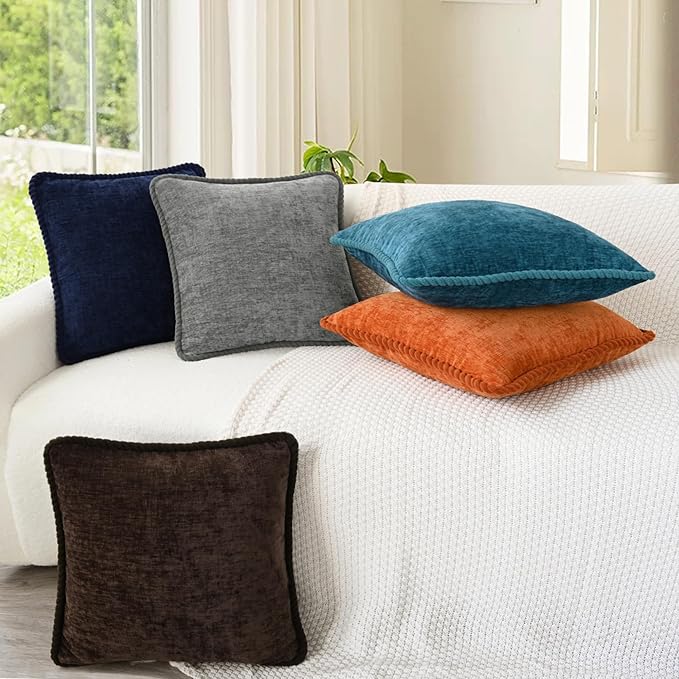 CaliTime Decorative Couch Throw Pillow Covers 16 X 16 Inches Pack of 2 Cozy Chenille Piping Edge Cushion Cases for Sofa Bed Living Room Home Navy Blue