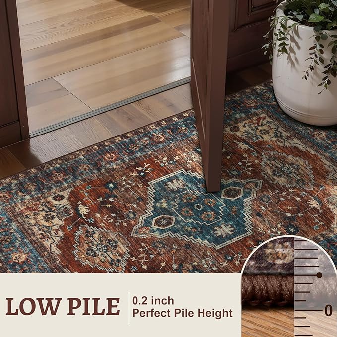 Tangsoo Oriental Circle Rug Washable Round Rugs 4ft, Non Slip Small Boho Round Area Rug, Vintage Low Pile Circular Rugs, Round Carpet for Living Room Bedroom,Entryway,Nursery,Dorm,Rust/Blue