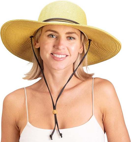 Sloggers Women's Wide Brim Braided Sun Hat with Wind Lanyard - UPF 50+ Maximum Sun Protection