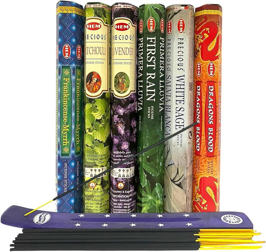 Hem Incense Sticks Variety Pack #1-120 Insence-Sticks (6 Incents x 20 Insense) + Incense Stick Holder Bundle with 6 Top Scents Including Lavender Patchouli Dragons Blood White Sage