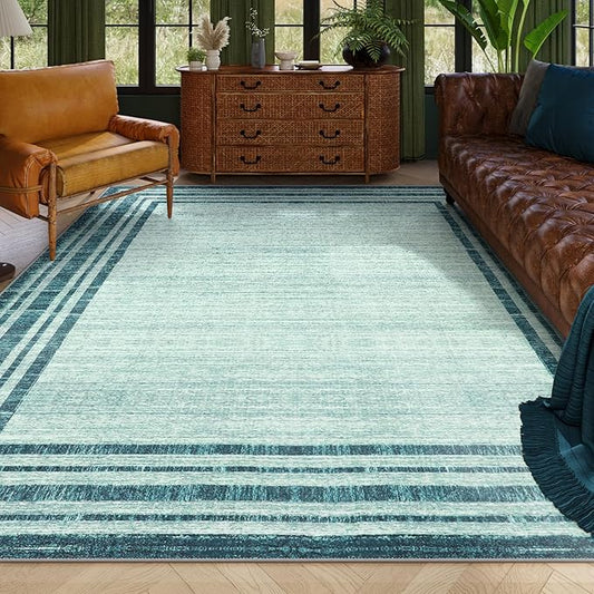 Lahome Abstract 9x12 Area Rug for Living Room, Washable Teal Rugs for Living Room Low-Pile Bedroom Rug, Minimalist Border Stain Resistant Large Room Carpet for Dining Room Kids Playroom