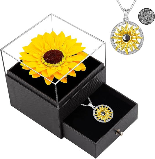 Sunflower Gifts for Women Artificial Sunflowers Gift for Her Mom Wife with Necklace in 100 Texts I Love You on Mother's Day Birthday Christmas Gifts Sunflower Decor