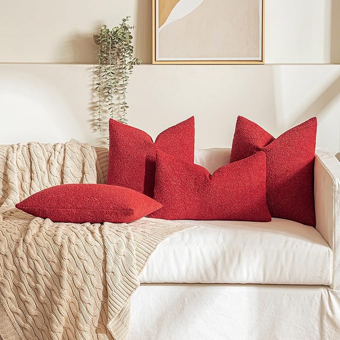 MIULEE 20x20 Inch Christmas Decorative Pillow Covers for Couch Bed Set of 2 Textured Boucle Neutral Winter Throw Pillows Red Accent Solid Cushion Pillowcases Sofa Livingroom Home Decor