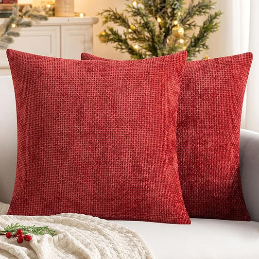 MIULEE Pack of 2 Christmas Red Couch Throw Pillow Covers 18x18 Inch Modern Boho Accent Decorative Pillow Covers Soft Chenille Farmhouse Cushion Covers for Home Decor Bed Sofa Living Room