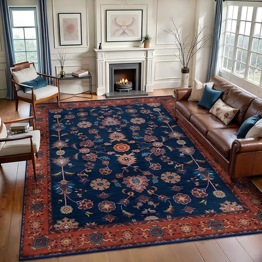 Tangsoo Floral Area Rug 6x9 Machine Washable Red Blue Rug Non-Slip Vintage Distressed Boho Print, Low Pile Carpet for Living Room, Bedroom, Dining Room, Pet & Child Friendly (Red Blue)