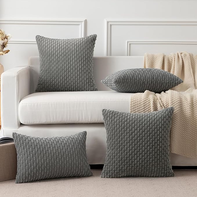 Kevin Textile Euro Sham Pillow Covers 28x28 Inch 2 Packs Soft Boho Striped Corduroy Decorative Throw Pillows for Living Room Couch Bed Sofa Rustic Farmhouse Home Decor 71x71cm Dark Grey