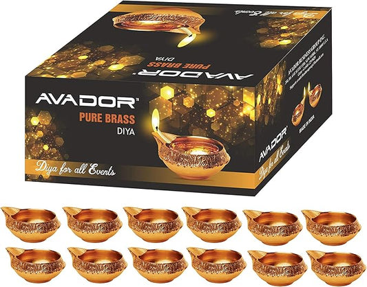 AVADOR Handmade Brass Indian Puja Oil Lamp, Golden Diya Lamp Engraved Design Diya for Diwali Pooja 2.5 Inch (12)