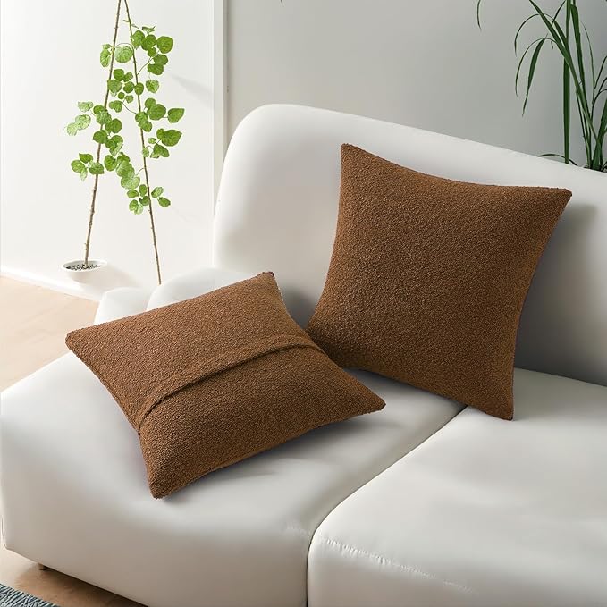 HAUSSY Set of 2 24x24 Decorative Throw Pillow Covers, Soft Cozy European Pillow Shams Textured Boucle, Home Decor for Couch Bed Living Room, Tobacco