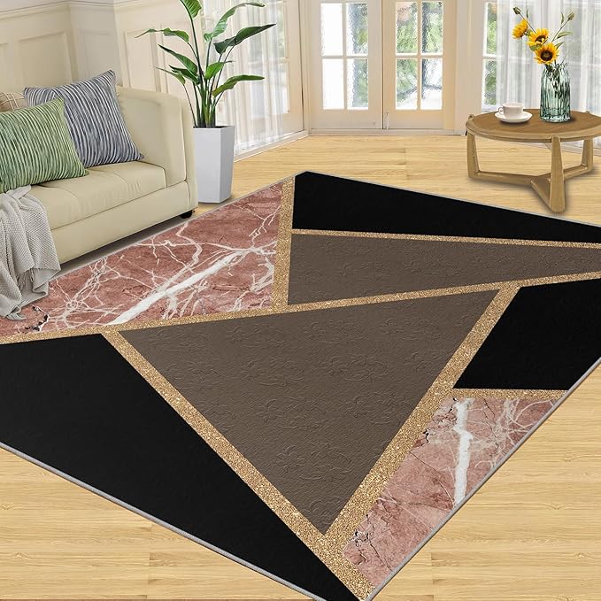 Black Gold Marble Rug Modern Geometric Marble Area Rug Mid-Century Minimalist Geometric Rugs Vintage Crackle Carpet Washable Non-Slip Carpet for Bedroom 7x8ft