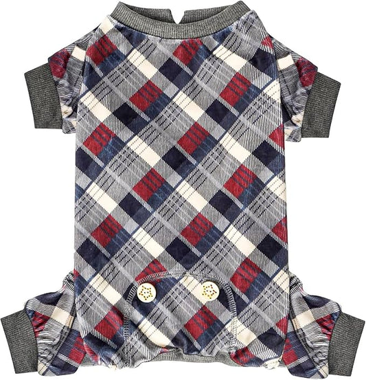 KYEESE Dog Pajamas Soft Plaid Pjs Comfy Doggie Jammies for Small Dogs Boy Girl Velvet Stretchy Dog Clothes Coat Pet Onesie, Grey, Small