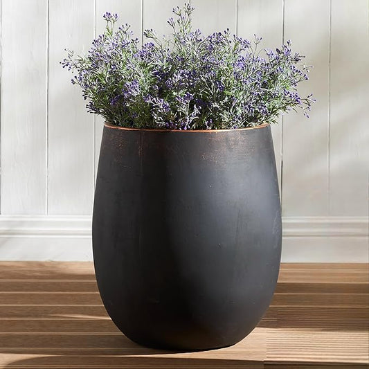 Wallowa 13.3" Dia x 15.3" H Concrete Planter, Outdoor Planter, Black with Gold Rim, Flower Pot with Drainage Hole and Silicone Plug, Plant Container for Garden, Patio, Home, Office, 1 Pack