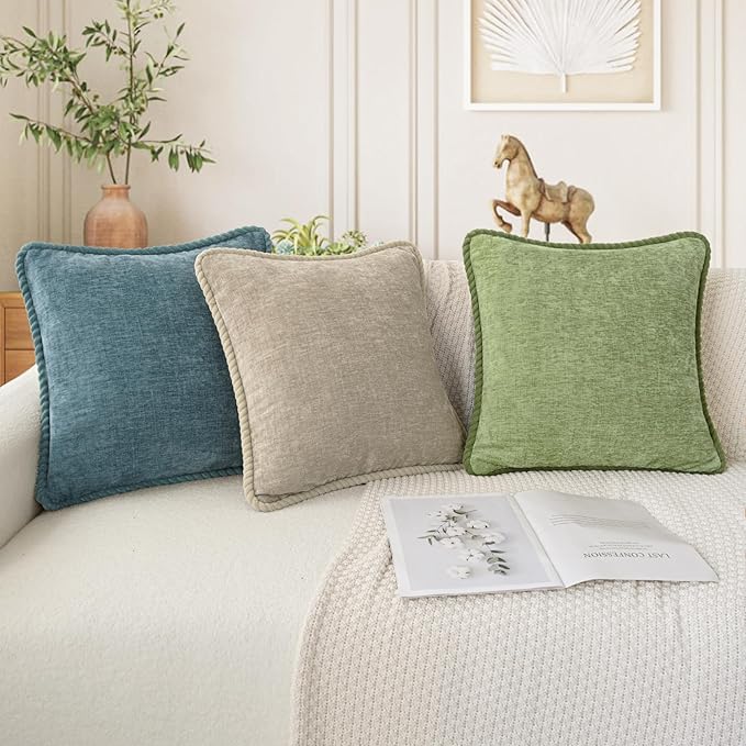 CaliTime Decorative Couch Throw Pillow Covers 16 X 16 Inches Pack of 2 Cozy Chenille Piping Edge Cushion Cases for Sofa Bed Living Room Home Sage Green