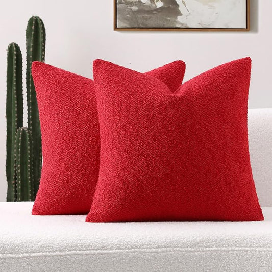 FUTEI Christmas Pack of 2 Red Decorative Throw Pillow Covers 20x20 Inch Soft Cozy Solid Boucle Textured Cushion Case,Modern Home Decor for Couch Bed Living Room