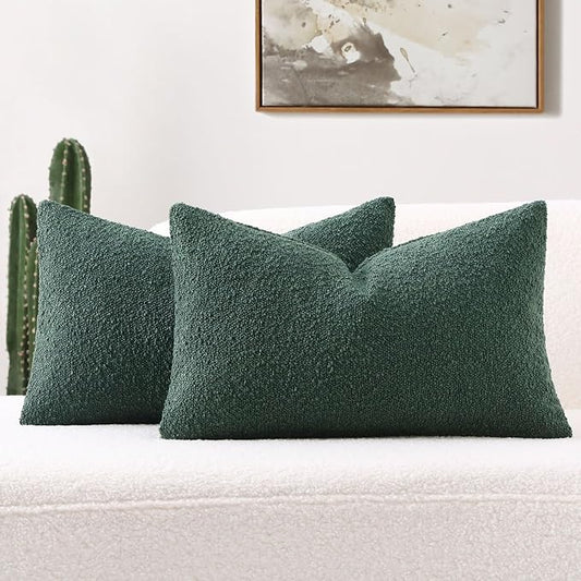 FUTEI Christmas Pack of 2 Dark Green Decorative Throw Pillow Covers 12x20 Inch Soft Cozy Solid Boucle Textured Lumbar Pillow Cases,Modern Home Decor for Couch Bed Living Room