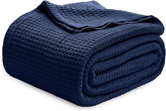 Bedsure Gentlesoft 100% Cotton Blanket Queen Size for Bed - Breathable and Soft, Thick Cozy Waffle Weave Christmas Blanket Gift for Women, Pageant Blue, 90x90 Inches