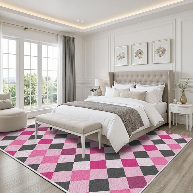 Diamond Checkered Rug 3x5, Soft Ultra Soft Faux Wool Abstract Geometric Rugs, Indoor Floor Mats Carpet, Non Slip&Non-Shedding Low Pile Washable Rugs, Modern Red Rug for Bedroom