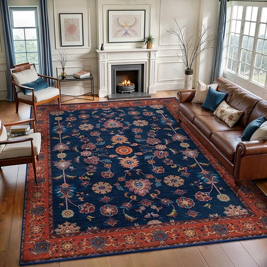 Tangsoo 9x12 Large Area Rug for Living Room,Non Slip Machine Washable Rug for Bedroom, Boho Distressed Vintage Red Blue Floral Rugs, Soft Low Pile Floor Carpet for Dining Room Office Kitchen Farmhouse