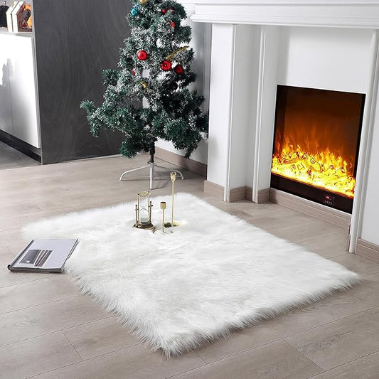 Faux Fur Rug Sheepskin Shag Fluffy Fuzzy White 3x4 ft Rugs for Bedroom Bedside Bed Floor Living Room Plush Rectangle High-Density Cushion Carpet Super Sofa Cover