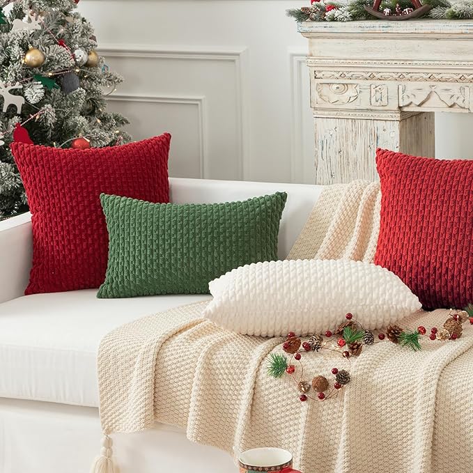 Kevin Textile Christmas Red Corduroy Decorative Throw Pillow Covers 24x24 Inch Pack of 2 Soft Boho Striped Pillow Covers Modern Farmhouse Home Decor for Autumn Sofa Living Room Couch Bed