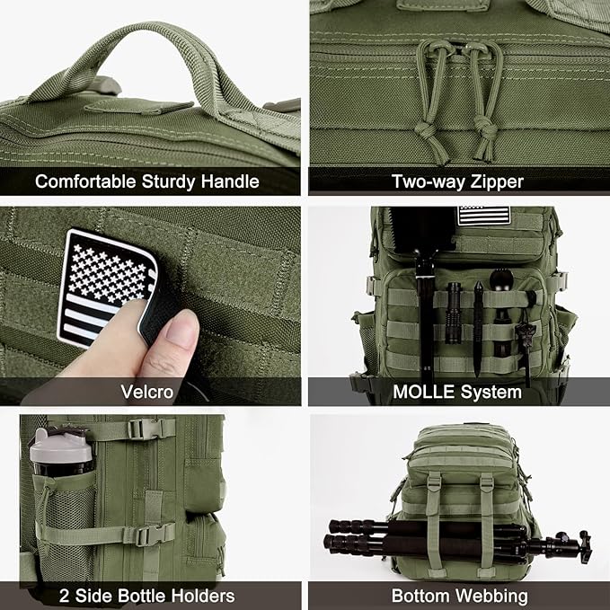 Military Tactical Backpack 50L Large Day Backpack for Men Molle Army 3 Days Assault Pack Bug Out Bag Water Resistant and Heavy Duty Hiking Treeking Rucksack - Dark Green