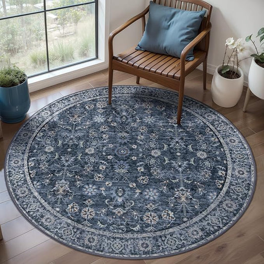 Tangsoo Vintage Round Rug 3ft Washable Circle Rug, Non Slip Small Boho Round Rug, Low Pile Floral Circular Rugs, Machine Washable Round Carpet for Bedroom,Entryway,Nursery,Dorm,Kitchen,Office,Blue
