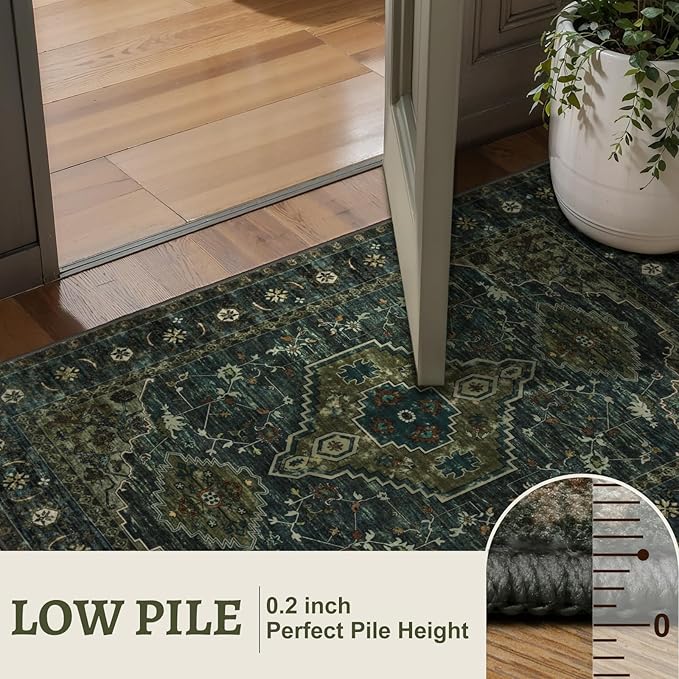 Tangsoo 6x9 Area Rug Washable Rug for Living Room, Vintage Indoor Non Slip Large Area Rugs, Print Distressed Carpet, Soft Low Pile Foldable Floor Rug for Bedroom Dining Room Dorm Olive Green