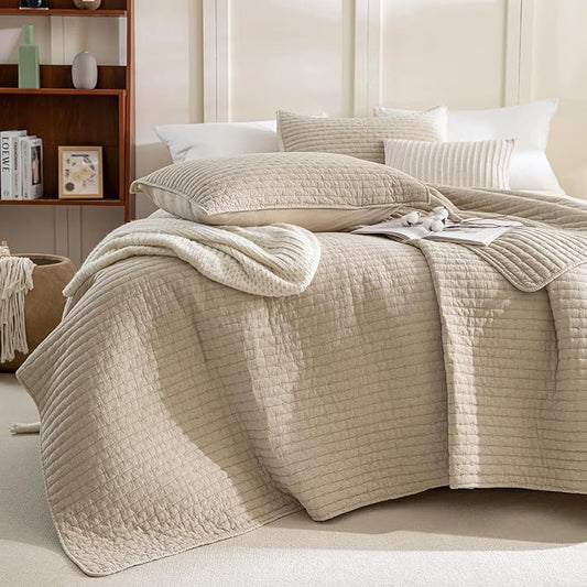 Sanracie Stonewashed Oversized King Quilt(120"x120"), Cotton Dark Wheat Color Cross Stitch Pattern California King Quilt Set 3Pcs Ultra Soft Lightweight Crinkle Bed Coverlet Set for All Season