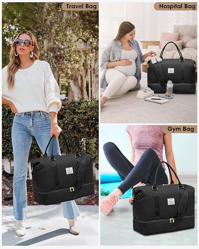 Large Women Travel Duffle Bag - Carry on Overnight Bags Weekend Travel Duffel Tote with Wet Pocket Weekender for Travel Business Trips Sports Hospital Black 3 Pcs Set