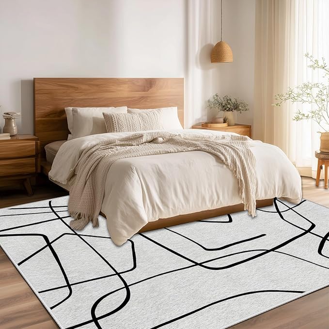 Black and White Rug - Abstract Area Rug, Black and White Rugs for Living Room, Modern Minimalist Washable Rugs, Contemporary Carpet Non Slip Home Decor, Curve 4x5