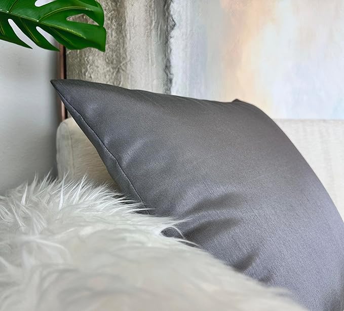 Aiking Home 18x18 Inches Faux Silk Square Throw Pillow Cover, Zipper Closure, Charcoal (Set of 2)
