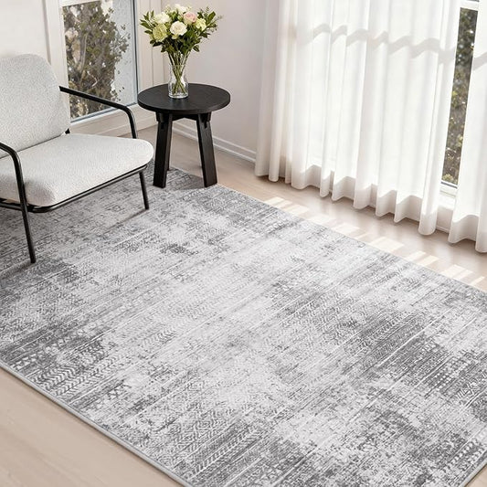 3 x 5 Rug Small Non Slip Machine Washable Rug Distressed Abstract Soft Indoor Carpet Neutral Boho Rug for Bedroom Living Room Entryway Kitchen Bedside, Grey