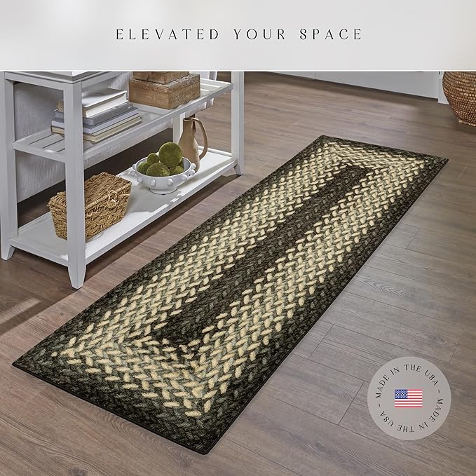 Maples Rugs Marion Bohemian Braided Design Print Runner Rug – Made in USA – Washable, Non Slip Indoor Long Carpet for Hallway, Kitchen, and Laundry Room, 2' x 8', Black