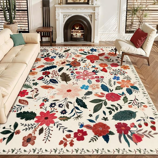 Tangsoo 5x7 Area Rug for Living Room Bedroom, Non Slip Machine Washable Boho Floral Rug, Low Pile Large Floor Carpet Indoor Mats for Kids Room, Farmhouse, Dining Room, Office(Beige/White)