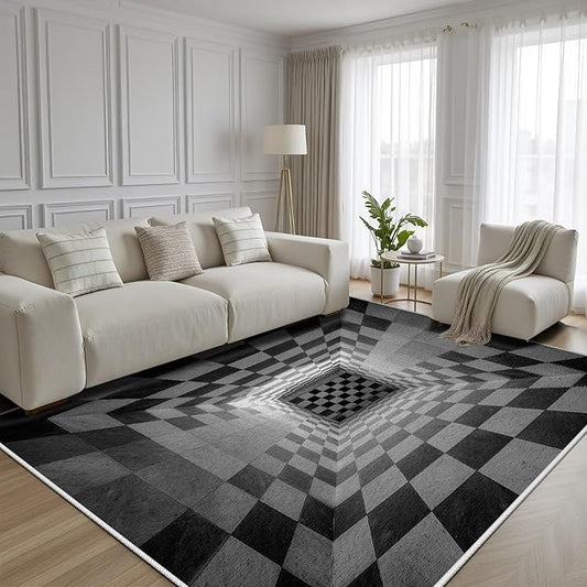 3D Rug 6x8, Plaid Soft Ultra Soft Faux Wool Low Pile Optical Illusion Rug, Indoor Floor Mats Abstract Geometric Carpet, Non-Slip Stain Resistant Washable Rugs, Modern Gray Rugs for Living Room