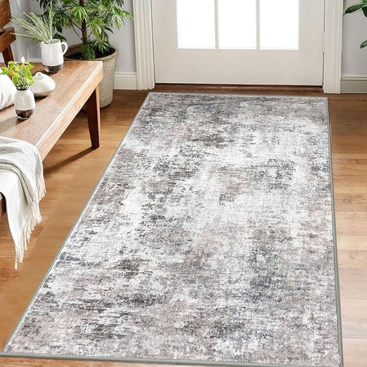 Modern Abstract Small Area Rug Indoor 3x5 Washable Rug Non-Slip Soft Beige Grey Neutral Entryway Rug Kitchen Mats Thin Print Faux Wool Floor Carpet Throw Rugs for Entrance Bedroom Home Decor