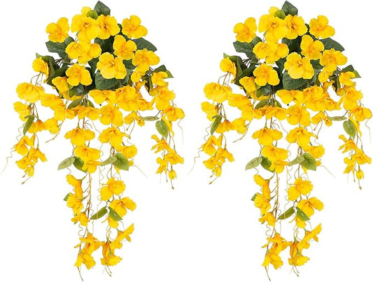 Fake Hibiscus Artificial Hanging Flowers Plants for Outdoors Spring Decoration, 2pcs Silk Hibiscus Vines Realistic UV Resistant Yellow Faux Flowers for Outside Planter Porch Patio Yard Wedding Party